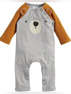 NWOT Mud Pie Mudpie Gray & Mustard Bear Romper Coverall 9-12 Months